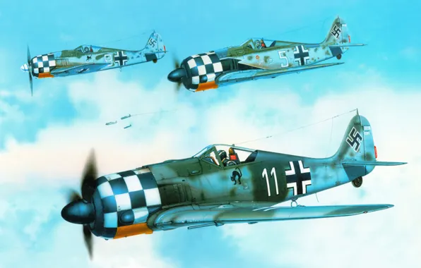 Картинка небо, рисунок, арт, истребители, самолёты, WW2, немецкие, одноместные