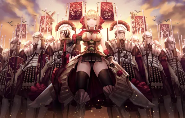 Girl, cleavage, soldiers, armor, breast, anime, army, weapons