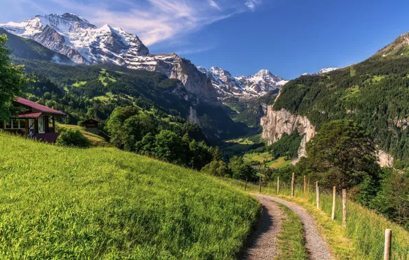 Картинка дорога, горы, Швейцария, Альпы, домики