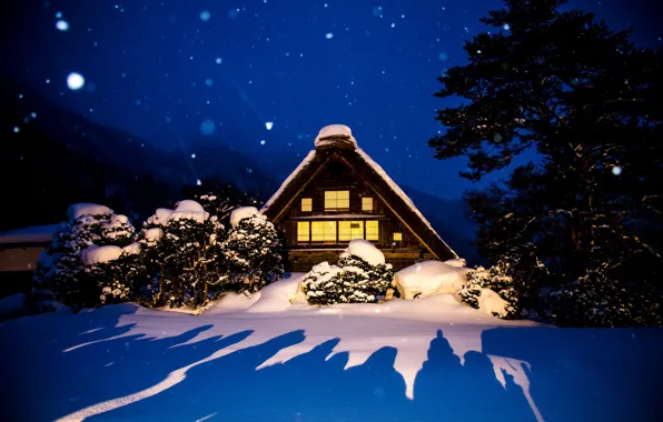 Картинка зима, свет, снег, деревья, пейзаж, природа, дом, село