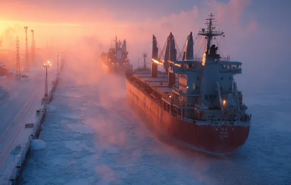 Море, туман, рассвет, корабль, корабли, утро, дымка, судно