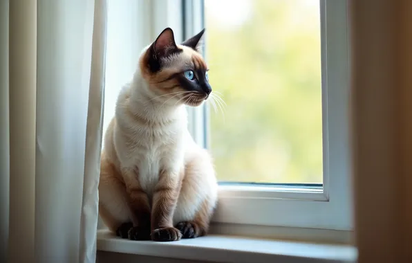 Кошка, кот, взгляд, поза, окно, подоконник, шторы, мордашка