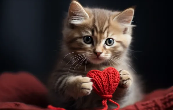 Кошка, взгляд, поза, темный фон, котенок, серый, красное, игрушка