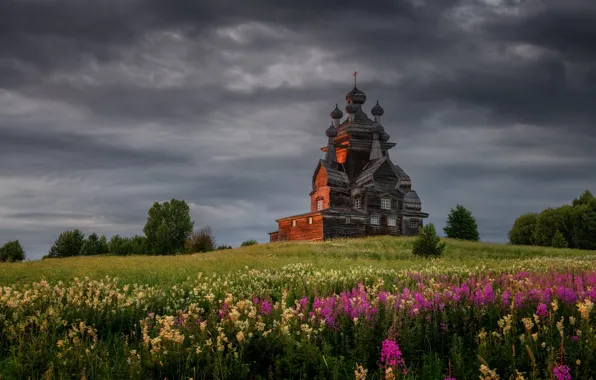 Лето, пейзаж, тучи, природа, луг, церковь, травы, Максим Евдокимов