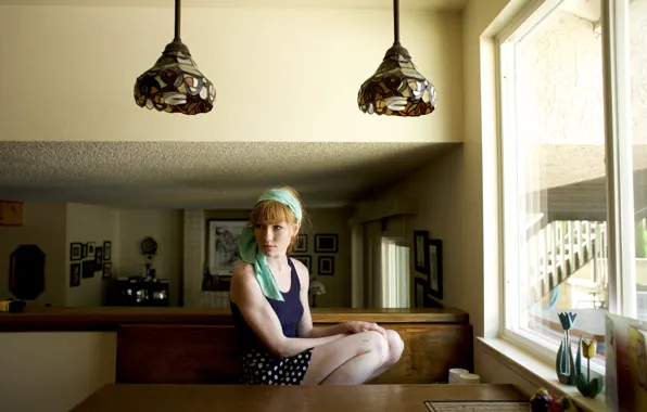 Girl, woman, model, window, redhead, bench, table, lamps