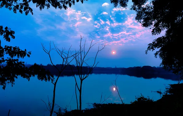 Sun, Water, Sunrise, Dawn, Morning, Lake, Trees, Reflection