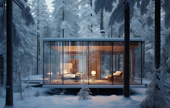 Картинка зима, лес, стекло, снег, ночь, дом, house, forest