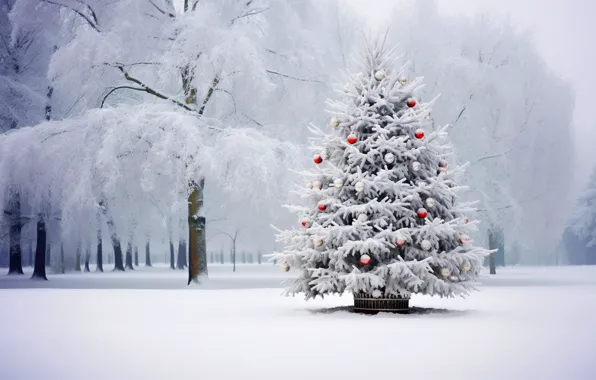 Картинка зима, снег, украшения, ночь, шары, елка, Новый Год, Рождество
