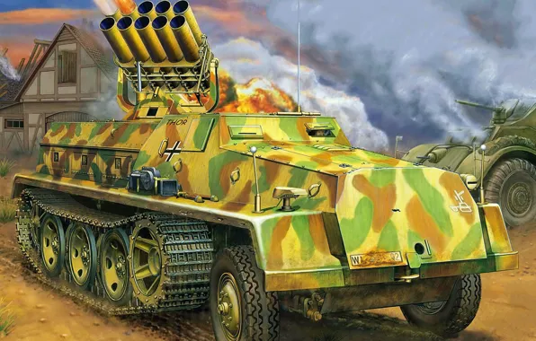 Рисунок, арт, Sd.Kfz.4/1, Panzerwerfer, 15cm, 42 Auf.Sf, германская самоходная РСЗО периода Второй мировой войны