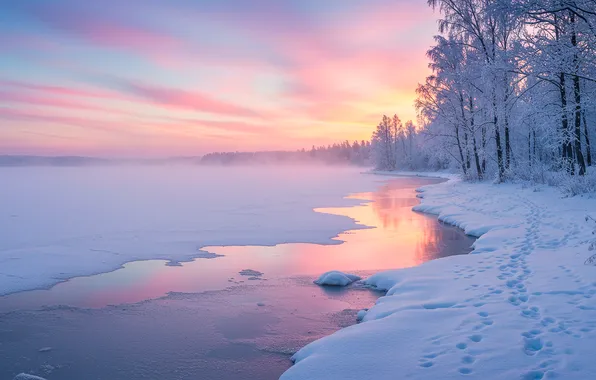 Лед, снег, закат, озеро, wallpaper, ice, sunset, lake