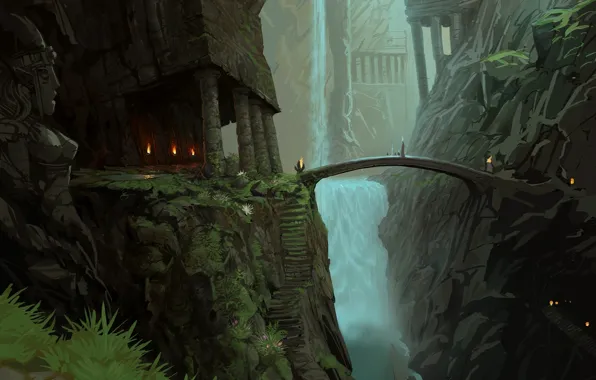 Картинка пейзаж, горы, мост, огни, водопад, арт, лестница, храм