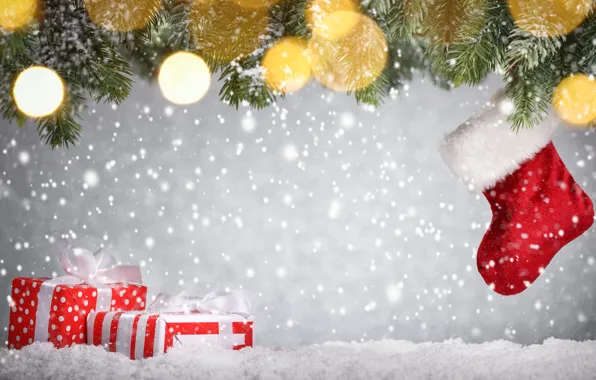 Картинка снег, украшения, елка, Новый Год, Рождество, подарки, Christmas, snow