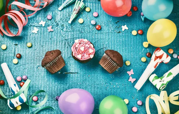 Украшения, воздушные шары, конфеты, сладости, Happy Birthday, cupcake, decoration, День Рождения