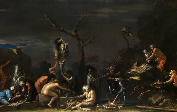 Колдовство, ведьмы, повешенный, черная магия, Salvator Rosa, Ведьмы на своих заклинаниях, Сальватор Роза, Witches at …