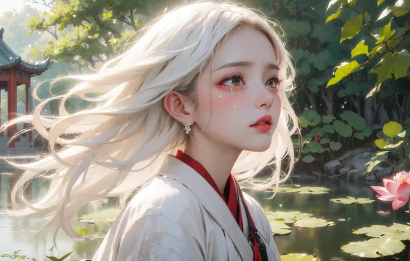 Girl, cry, scenery, chinese style, courtyard, hanfu, 2.5D
