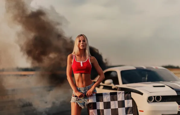 Картинка car, Dodge Challenger, shorts, sky, smoke, clouds, model, women