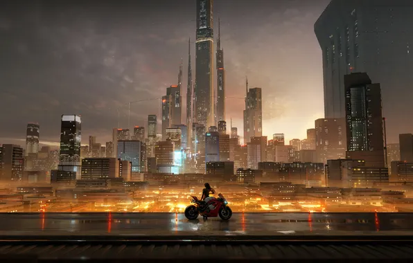 City, lights, future, girl, bike, night, skyscrapers
