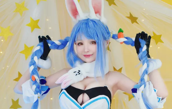 Girl, sexy, cleavage, blouse, long hair, boobs, animal ears, smile