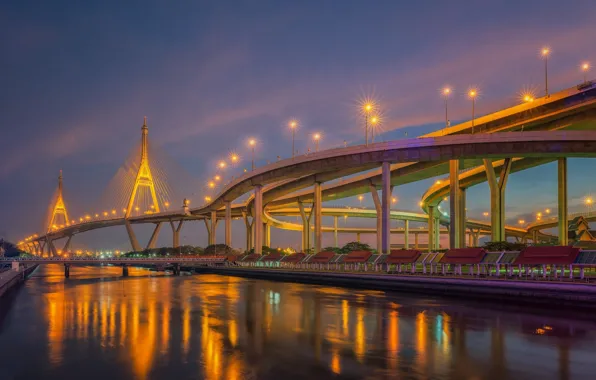 Небо, мост, город, огни, река, течение, здания, утро