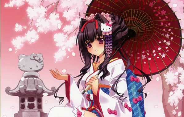 Girl, sakura, kitty, hello, kimono, geisha
