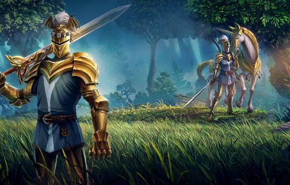 Sword, grass, armor, trees, men, unicorn, knight, gauntlets