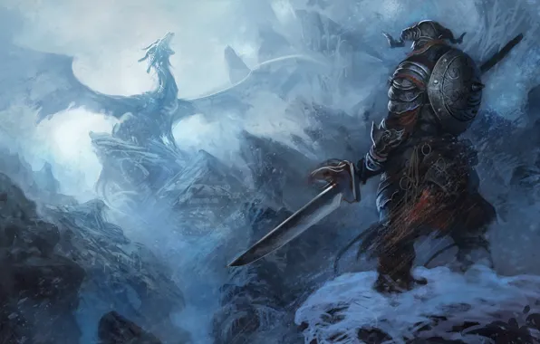 Картинка снег, горы, дракон, доспехи, воин, Skyrim, The Elder Scrolls
