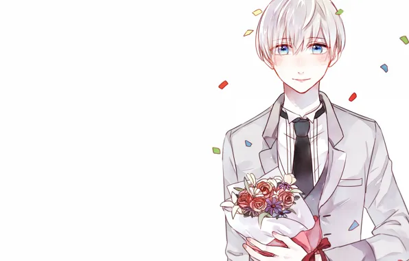 Цветы, букет, парень, Nier Automata, YoRHa No 9 Type S