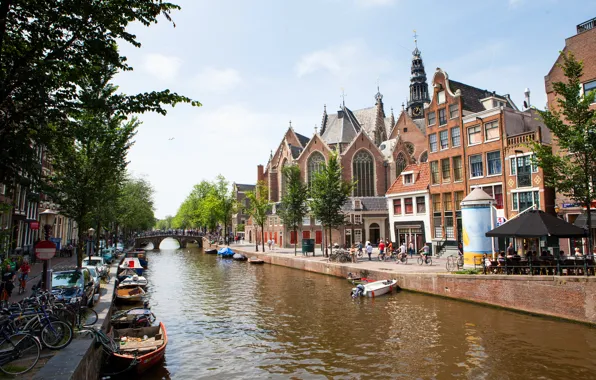 Картинка мост, люди, дома, лодки, канал, Нидерланды, улицы, Amsterdam