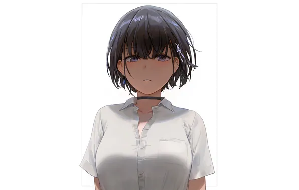 Girl, boobs, anime, beautiful, short hair, purple eyes, pretty, solo