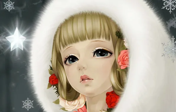 Снежинки, сияние, звезда, розы, Девушка, мех, art, dong xiao