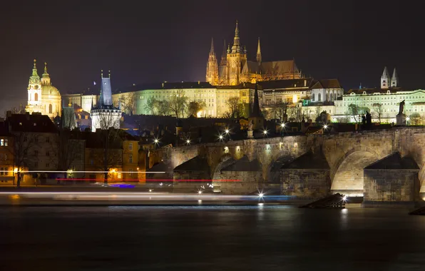 Ночь, огни, Прага, старый город, собор Святого Вита