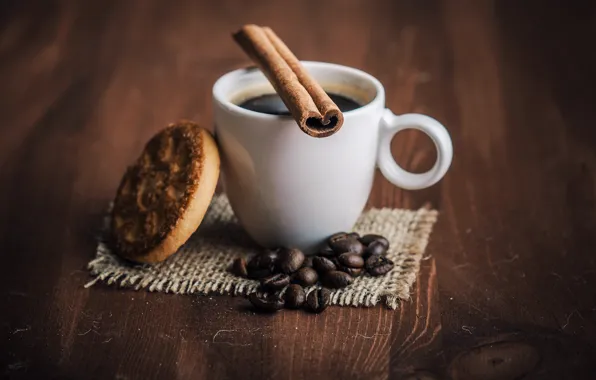Кофе, печенье, чашка, напиток, корица, кофейные зёрна