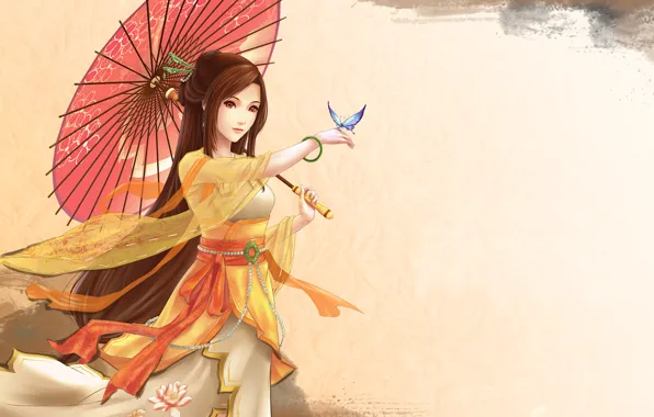 Картинка девушка, бабочка, зонт, браслет, длинные волосы, высокое разрешение, карие глаза, solo