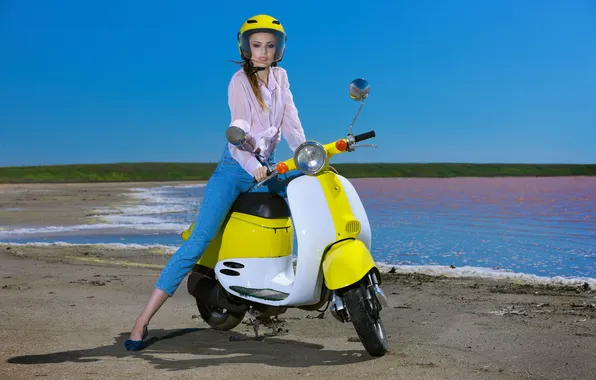Girl, woman, young, jeans, cute, helmet, scooter