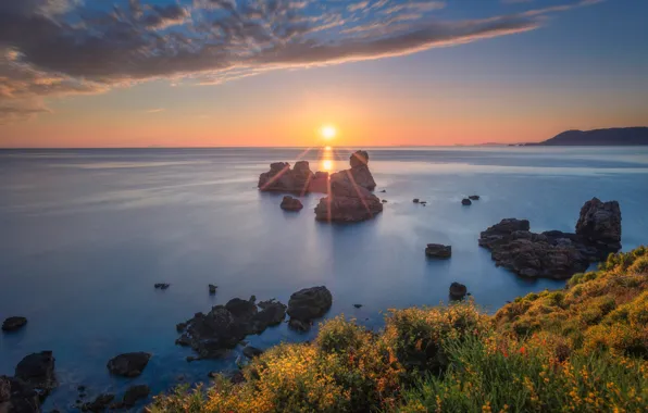 Море, лето, небо, солнце, облака, лучи, свет, закат