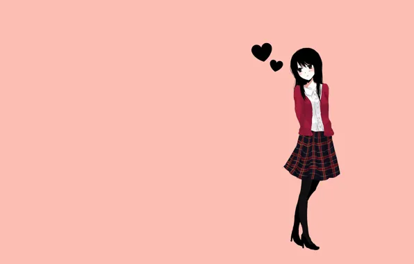 Картинка девушка, любовь, сердце, юбка, минимализм, аниме, стоит, оранжевый фон