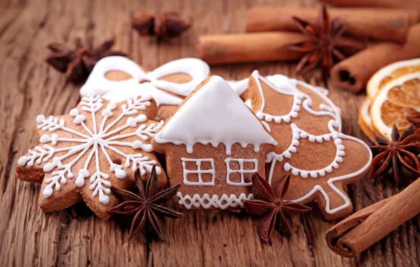Картинка дом, елка, Новый Год, печенье, Рождество, сладости, орехи, корица