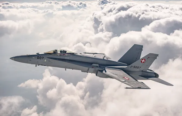 Картинка Облака, Истребитель, Пилот, ВВС Швейцарии, F/A-18 Hornet, Кокпит, ПТБ