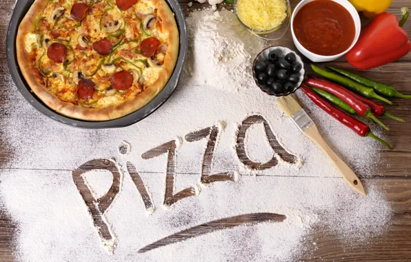 Сыр, перец, пицца, соус, pizza, маслины, мука