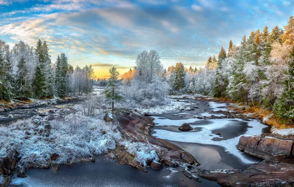 Картинка осень, лес, снег, природа, река