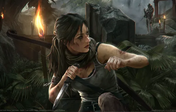 Картинка мост, оружие, джунгли, нож, Tomb Raider, Лара Крофт, факелы, Stealth