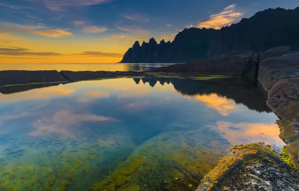 Картинка море, закат, горы, Норвегия, Norway, Tungeneset