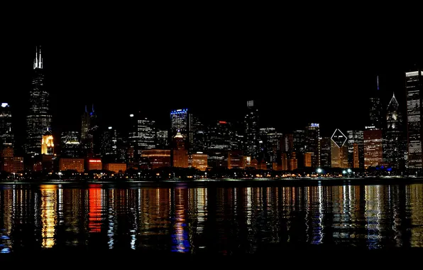 Ночь, город, огни, река, небоскребы, Чикаго, США, мегаполис