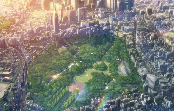 Панорама, мегаполис, вид сверху, Kotonoha no Niwa, городской парк, Сад Изящных Слов, the Garden of …