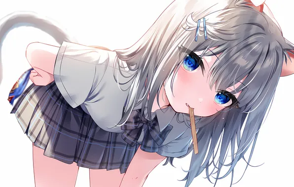 Girl, school uniform, long hair, animal ears, anime, catgirl, blue eyes, beautiful