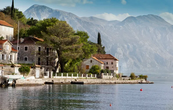 Море, горы, скалы, побережье, дома, Черногория, Perast