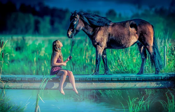 Девушка, озеро, конь