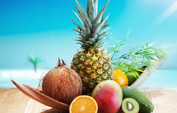 Картинка фон, обои, апельсин, еда, кокос, киви, wallpaper, фрукты
