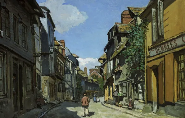 Картинка улица, дома, картина, городской пейзаж, Клод Моне, The Street of Bavolle at Honfleur