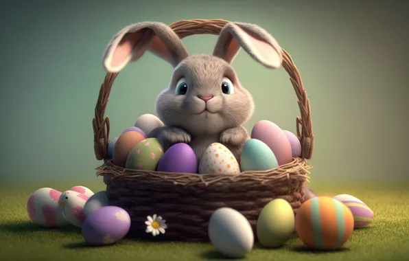 Яйца, крашенки, разноцветные, кролик, корзинка, нейросеть, Пасха